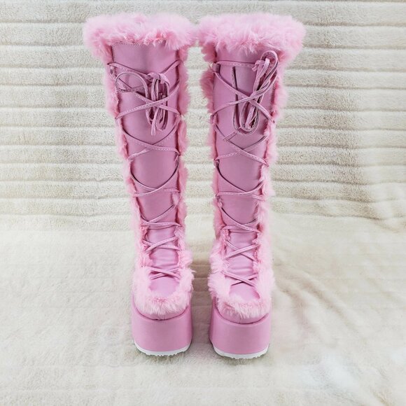 Camel 311 Baby Pink Furry Goth Punk Platform Knee Boots - Picture 2 of 10